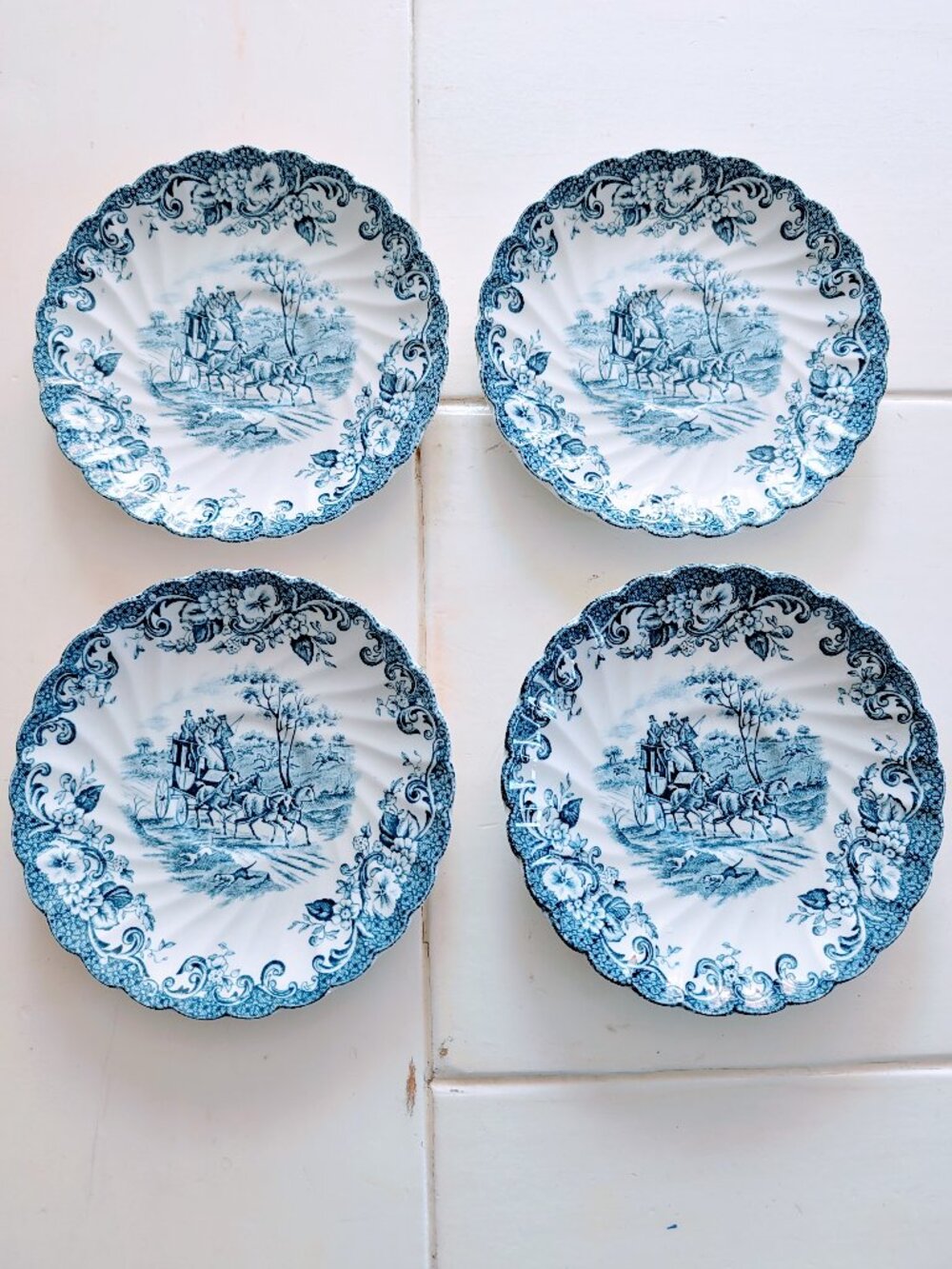VTG Set of 4Johnson Bros Coaching Scenes 5.75" Plates Blue Ironstone England
